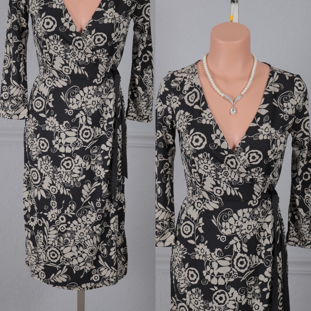 Black and Beige Floral Print Loft Wrap Dress 0